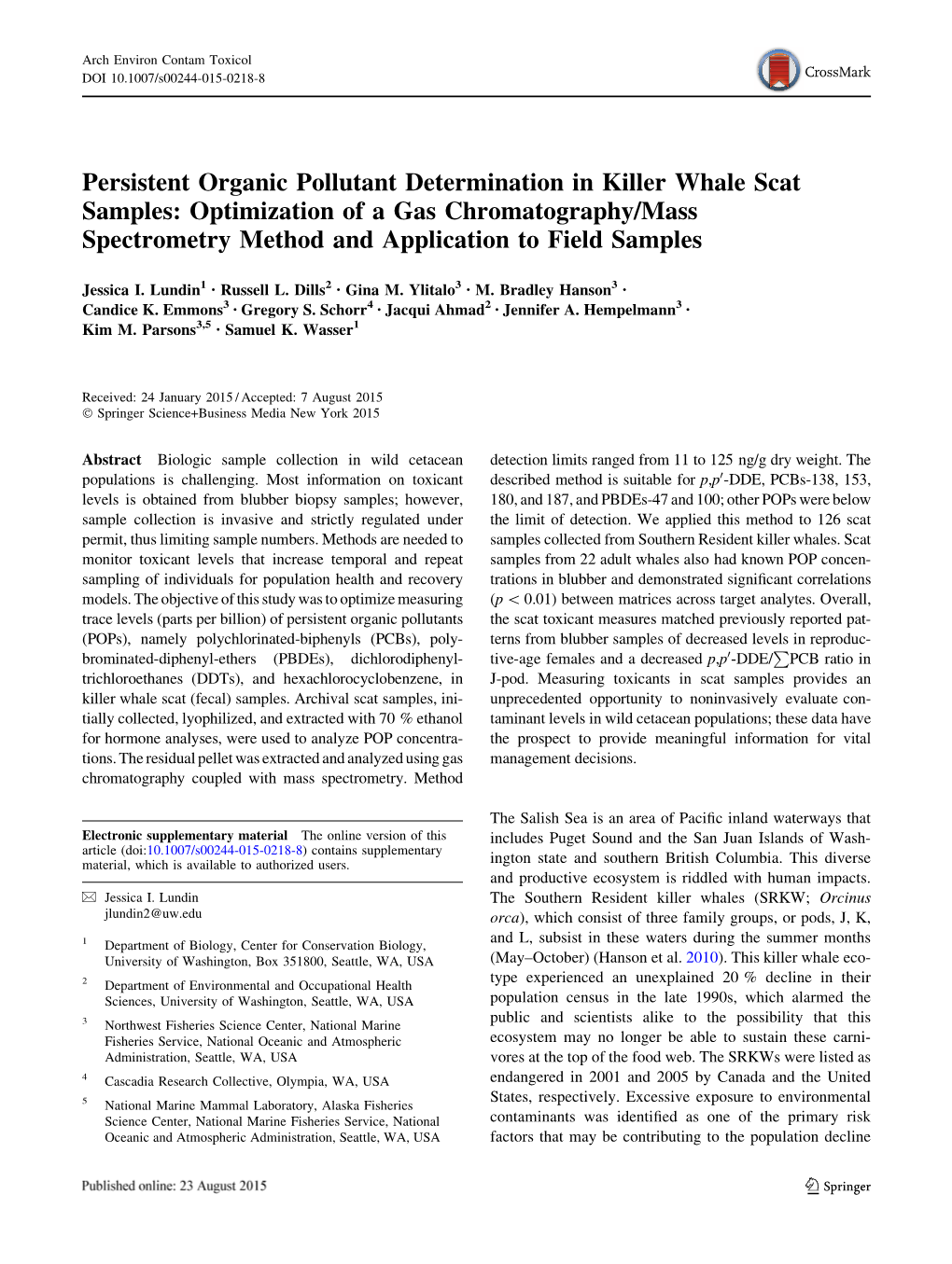 Persistent Organic Pollutant Determination in Killer Whale Scat