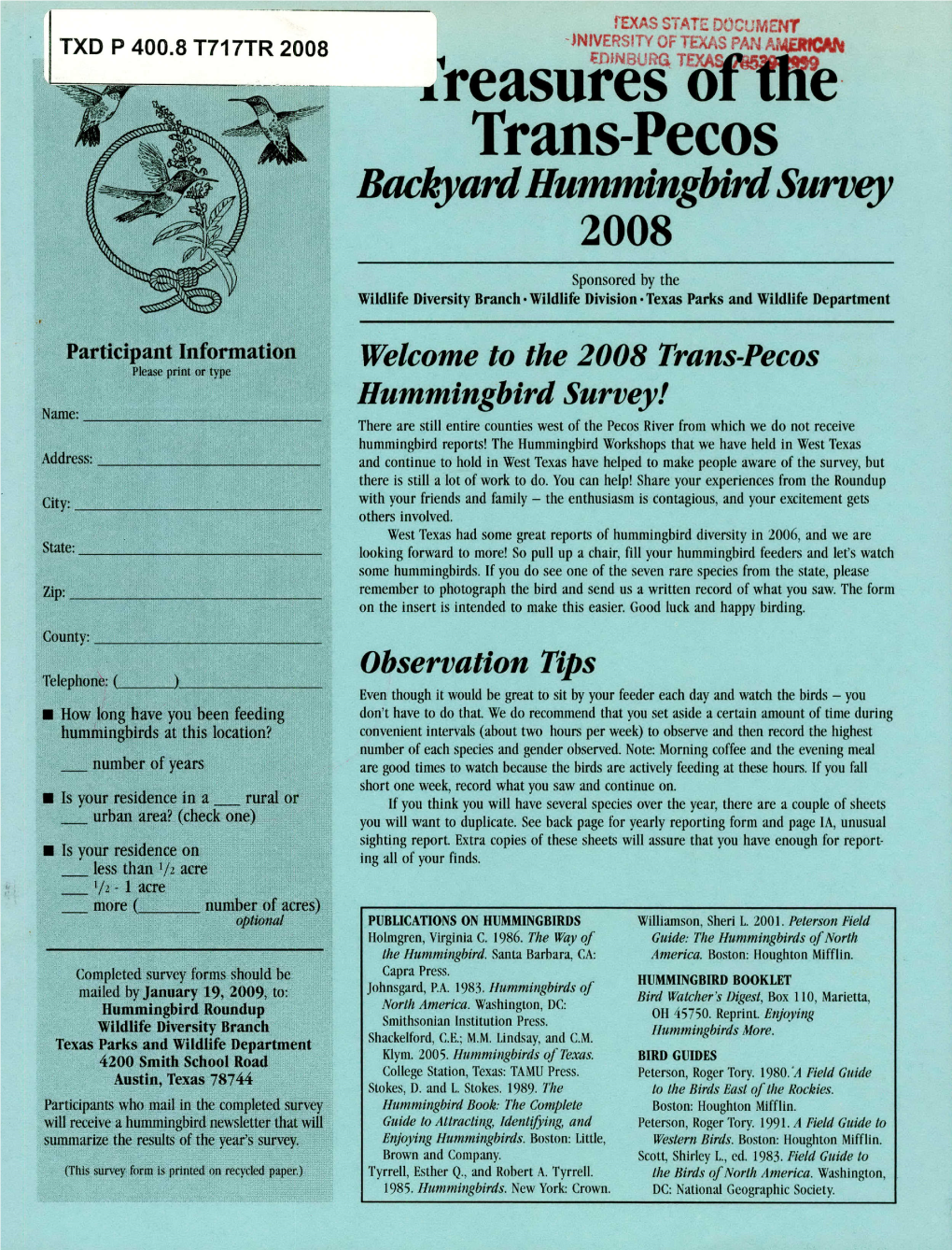 Trans-Pecos Backyard Hummingbird Survey 2008