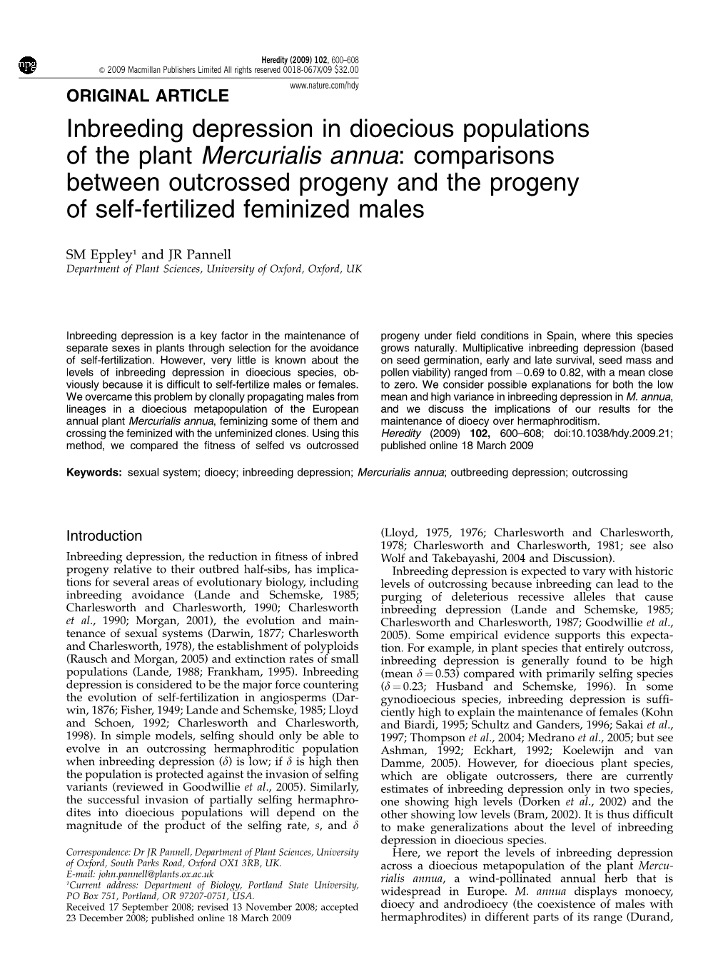 Inbreeding Depression in Dioecious Populations of the Plant