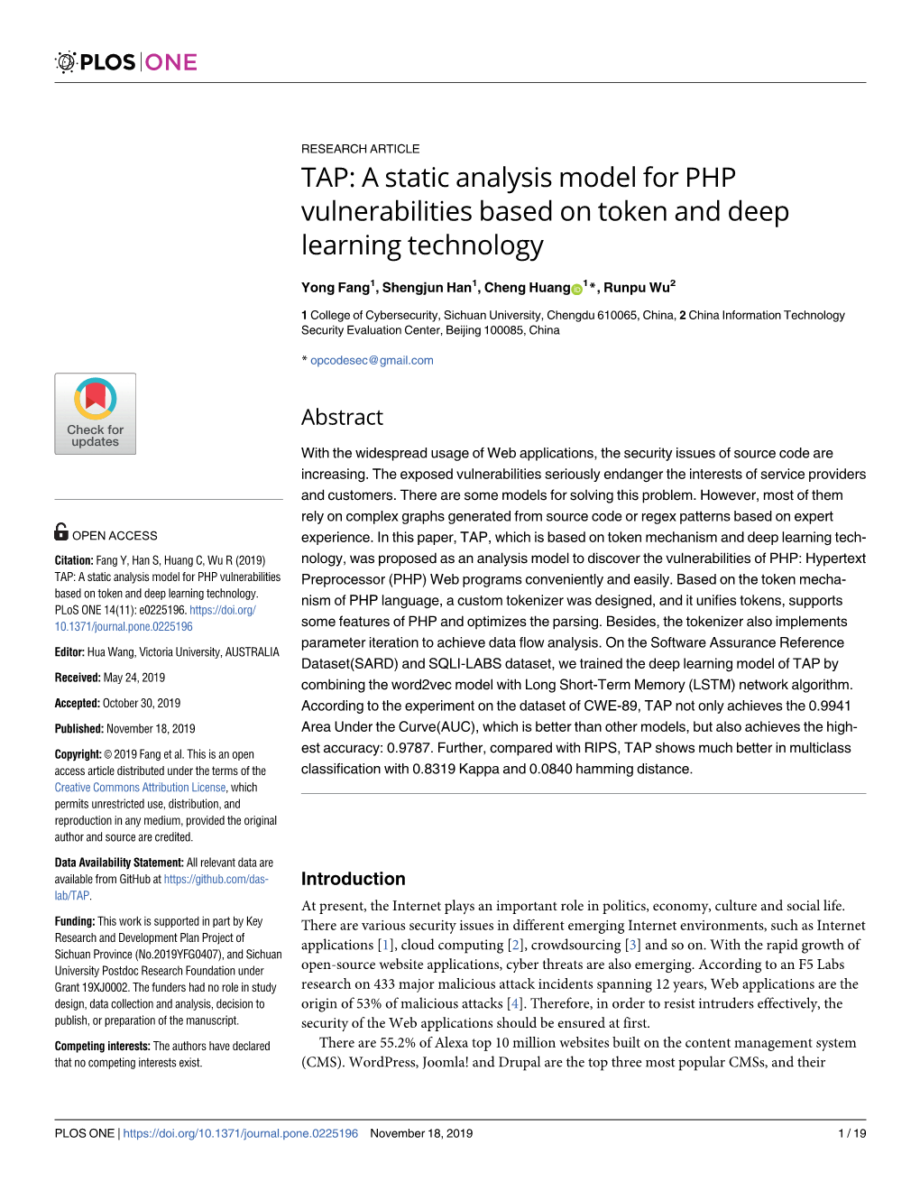 TAP: a Static Analysis Model for PHP Vulnerabilities Based on Token and Deep Learning Technology