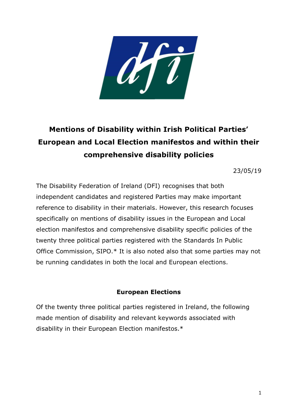 Mentions of Disability Within Irish Political Parties' European And