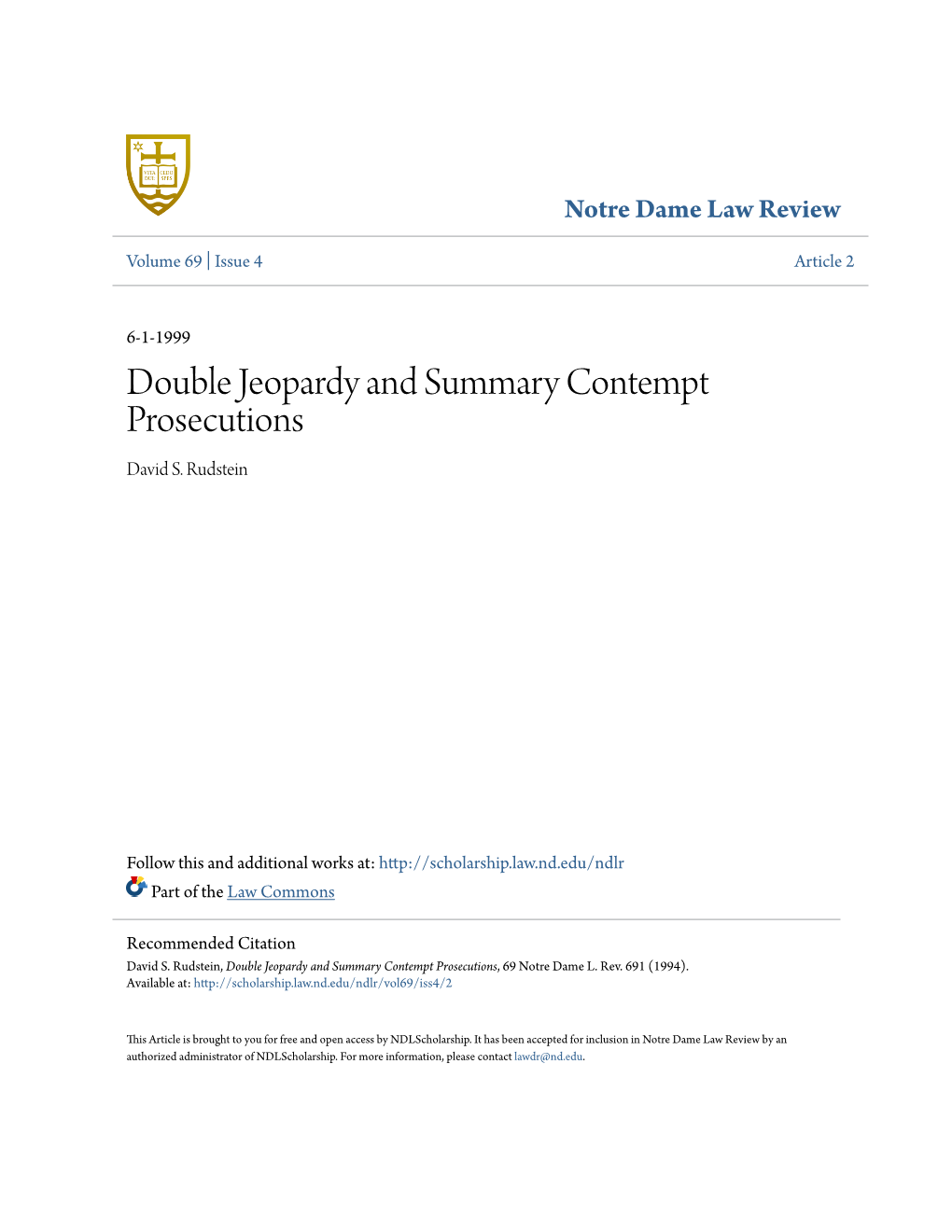 Double Jeopardy and Summary Contempt Prosecutions David S