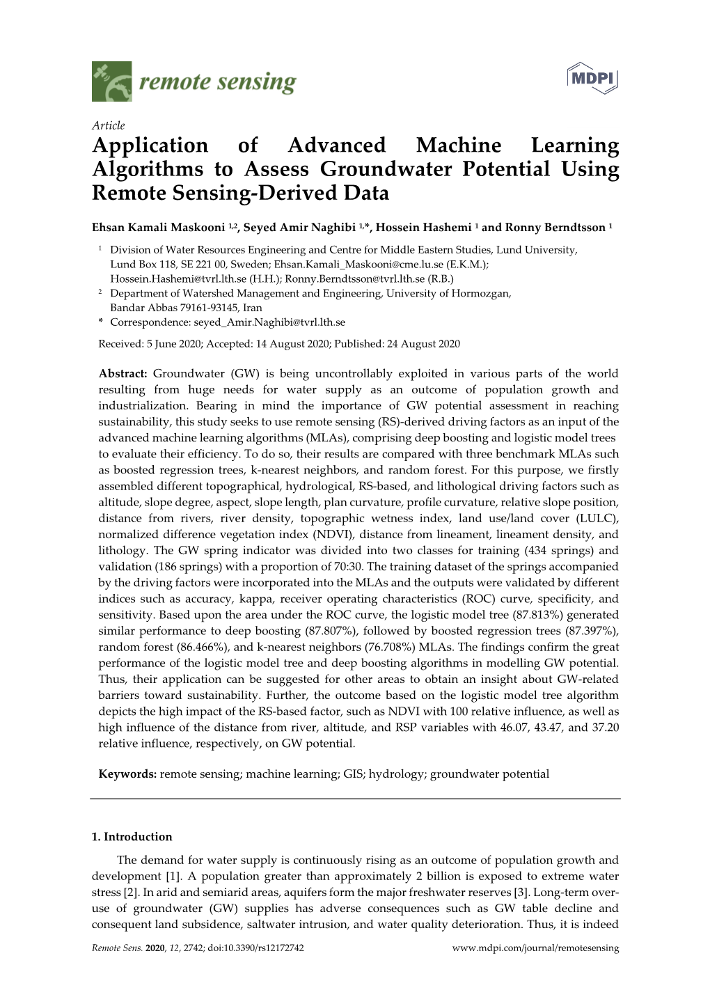 Application of Advanced Machine Learning Algorithms to Assess Groundwater Potential Using Remote Sensing-Derived Data