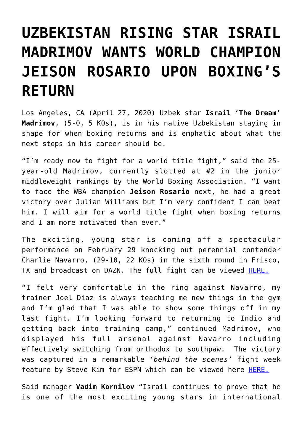 Uzbekistan Rising Star Israil Madrimov Wants World Champion Jeison Rosario Upon Boxing’S Return