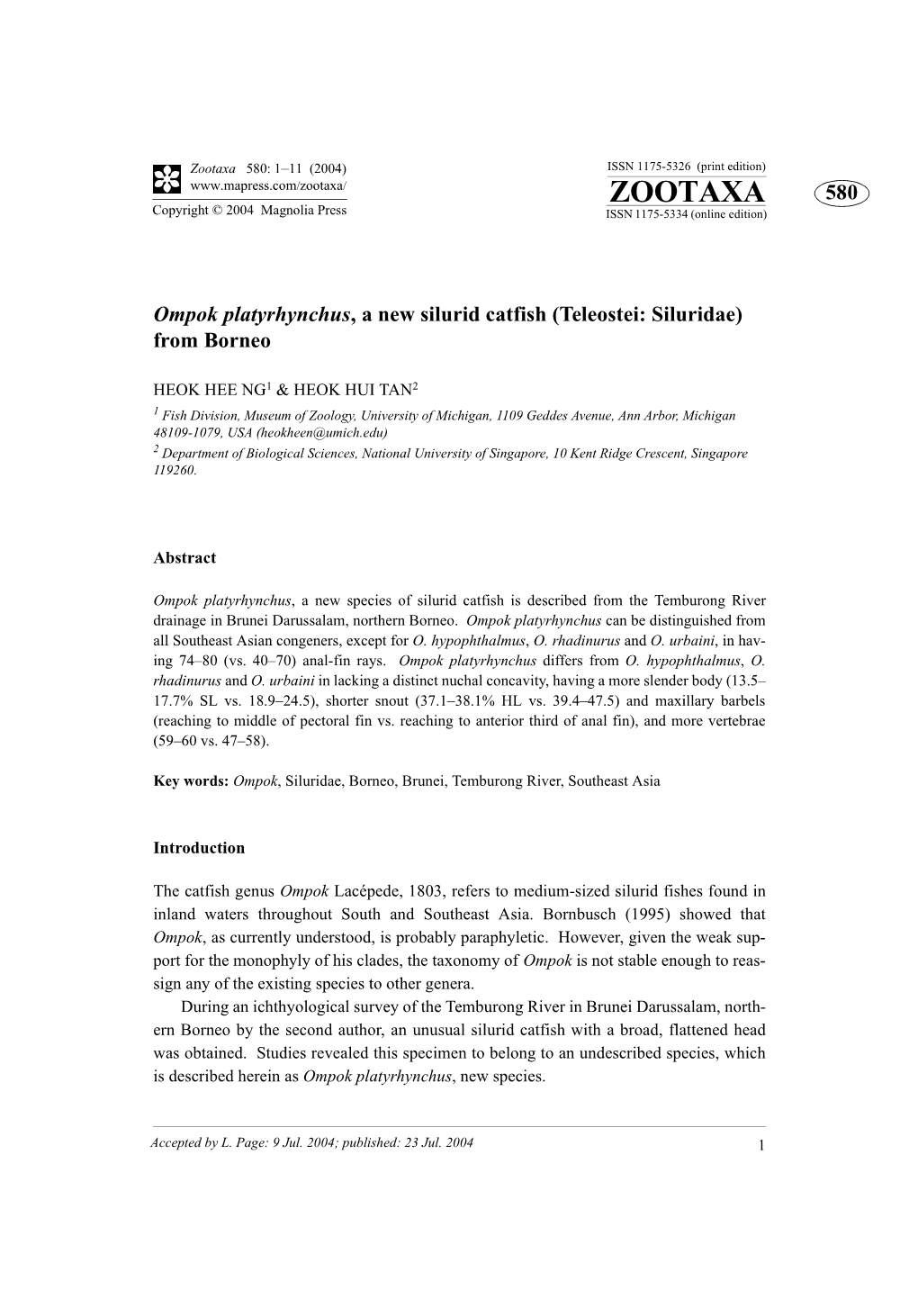 Zootaxa 580: 1–11 (2004) ISSN 1175-5326 (Print Edition) ZOOTAXA 580 Copyright © 2004 Magnolia Press ISSN 1175-5334 (Online Edition)