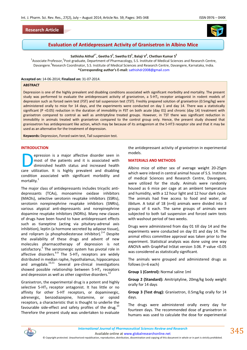 Evaluation of Antidepressant Activity of Granisetron in Albino Mice