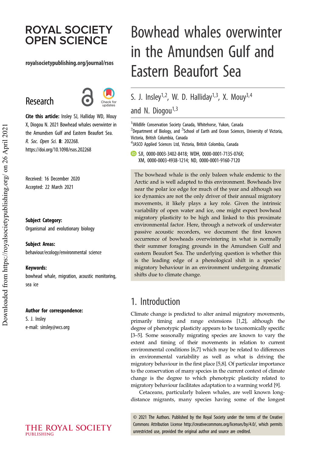 Bowhead Whales Overwinter in the Amundsen Gulf and Royalsocietypublishing.Org/Journal/Rsos Eastern Beaufort Sea