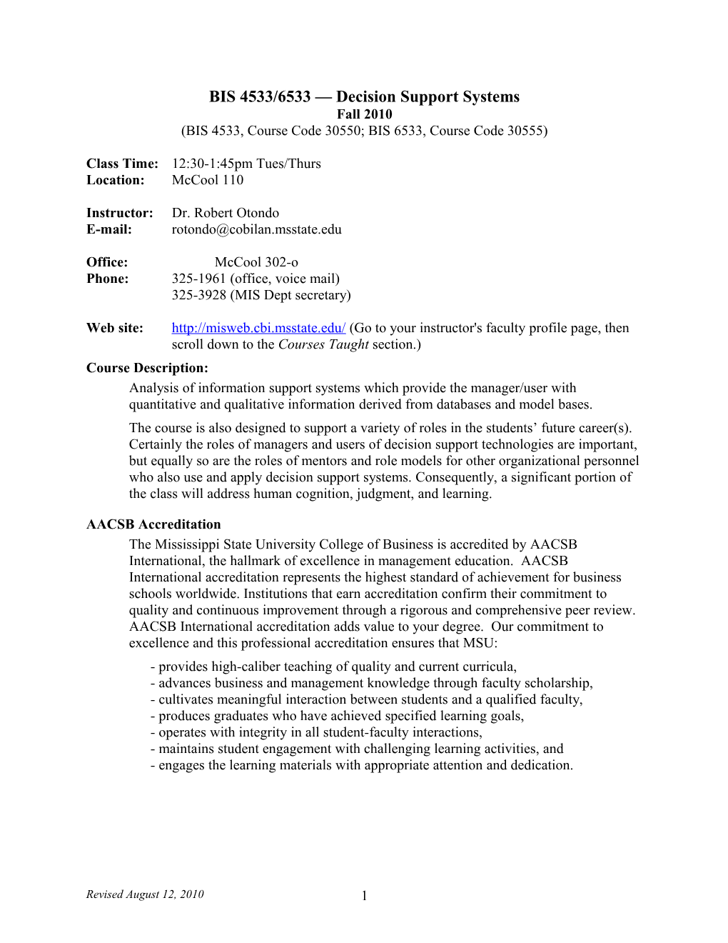 BIS 4533/6533 Decision Support Systems