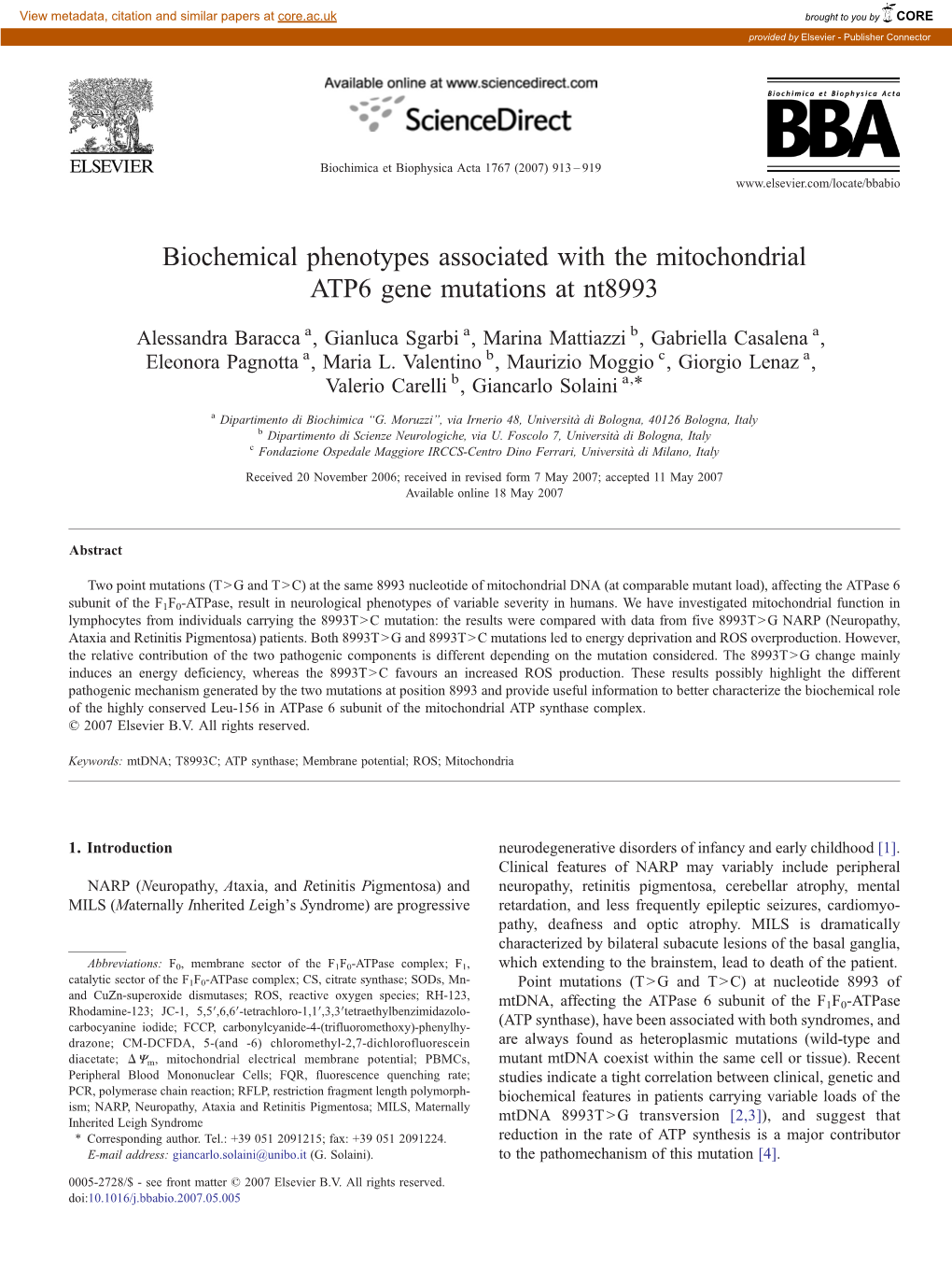 Biochemical Phenotypes Associated with the Mitochondrial ATP6 Gene Mutations at Nt8993