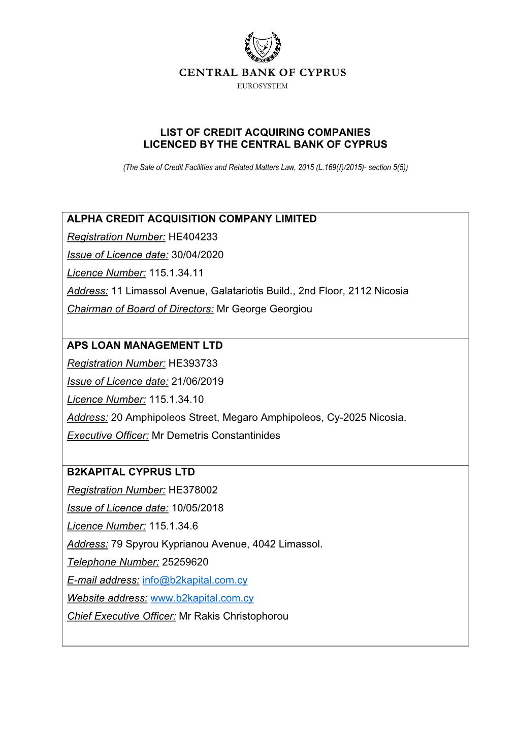 List of Credit Acquiring Companies Licenced by the Central Bank of Cyprus