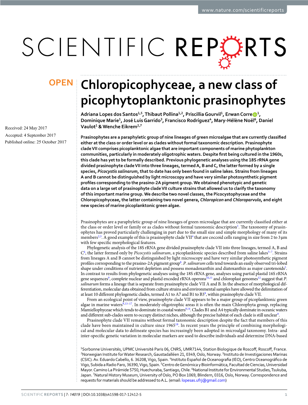 Chloropicophyceae, a New Class of Picophytoplanktonic Prasinophytes