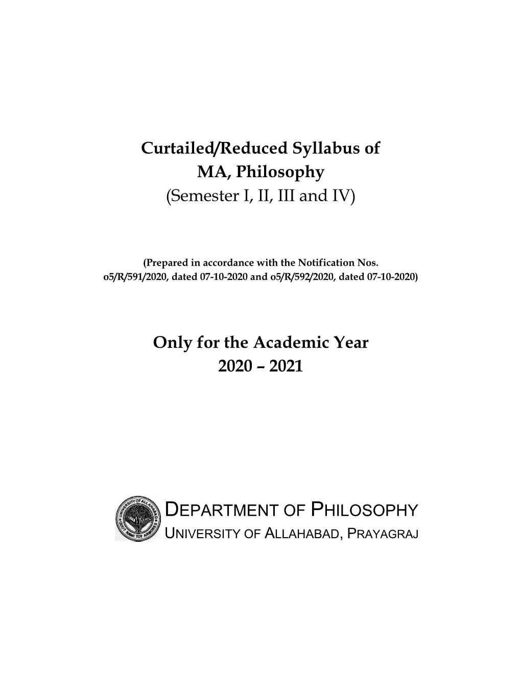 Curtailed/Reduced Syllabus of MA, Philosophy (Semester I, II, III and IV)