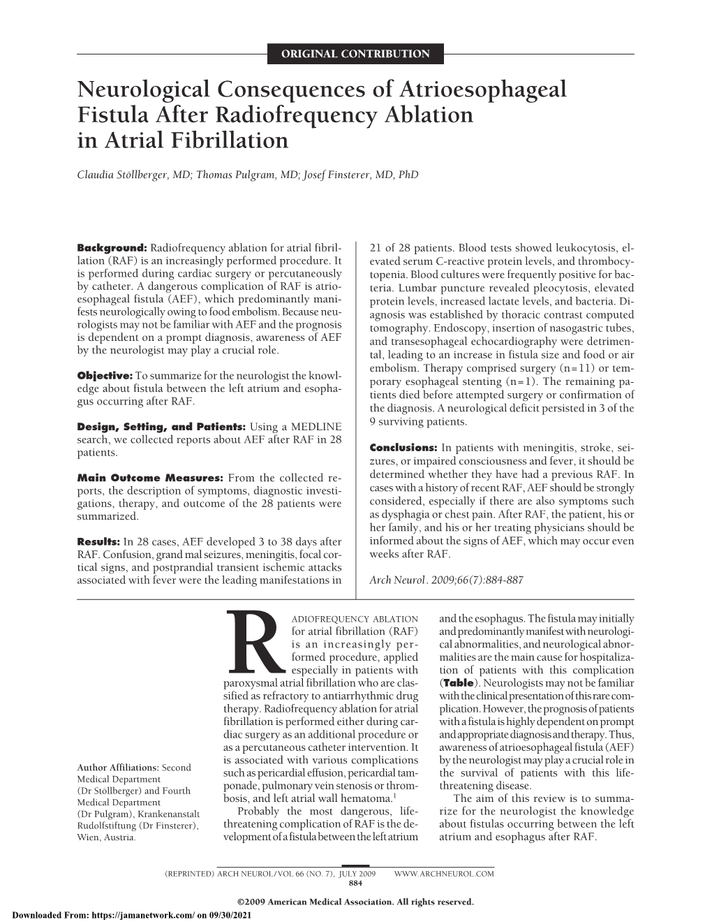 Neurological Consequences of Atrioesophageal Fistula After Radiofrequency Ablation in Atrial Fibrillation