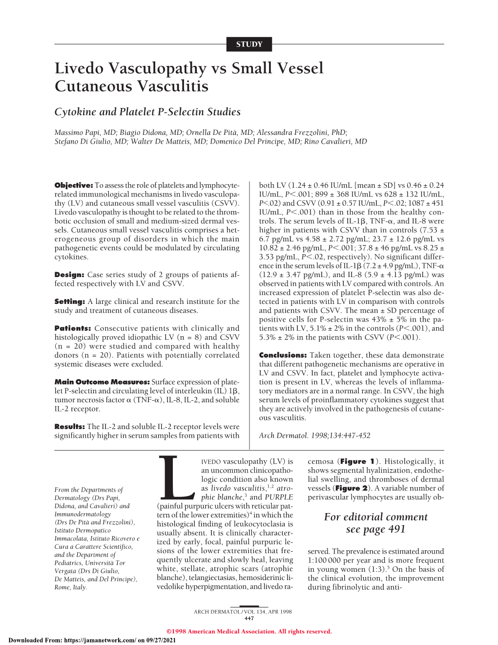 Cytokine and Platelet P-Selectin Studies