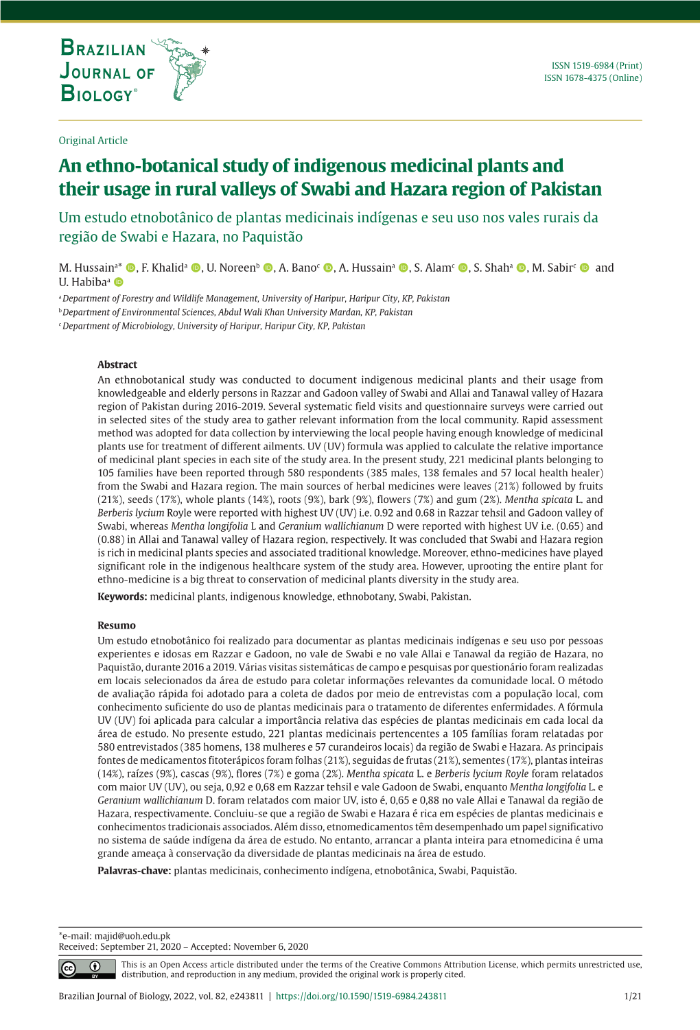 An Ethno-Botanical Study of Indigenous Medicinal Plants and Their Usage in Rural Valleys of Swabi and Hazara Region of Pakistan