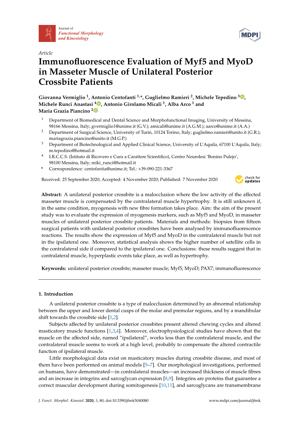 Immunofluorescence Evaluation of Myf5 and Myod in Masseter Muscle