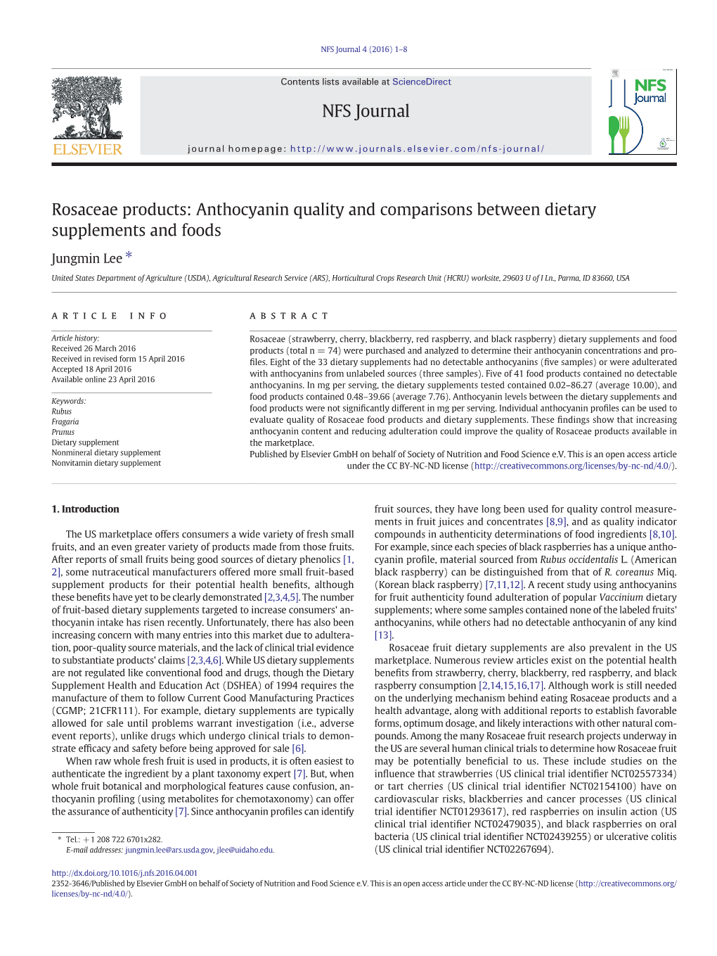 Anthocyanin Quality and Comparisons Between Dietary Supplements and Foods