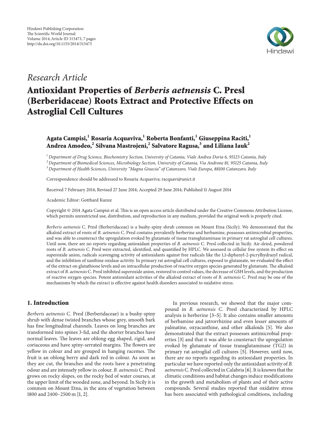 Antioxidant Properties of Berberis Aetnensis C. Presl (Berberidaceae) Roots Extract and Protective Effects on Astroglial Cell Cultures