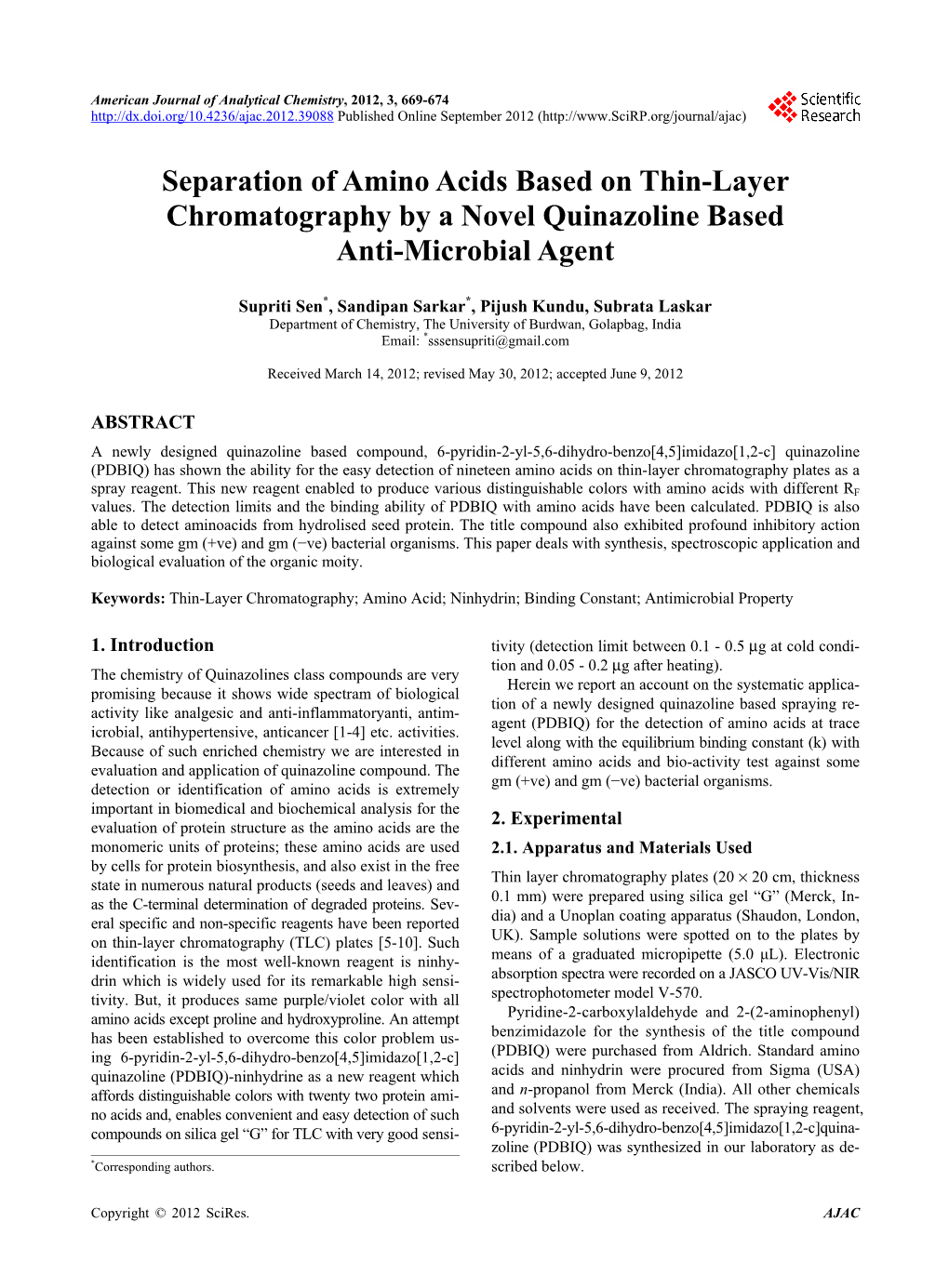 Separation of Amino Acids Based on Thin-Layer Chromatography by a Novel Quinazoline Based Anti-Microbial Agent