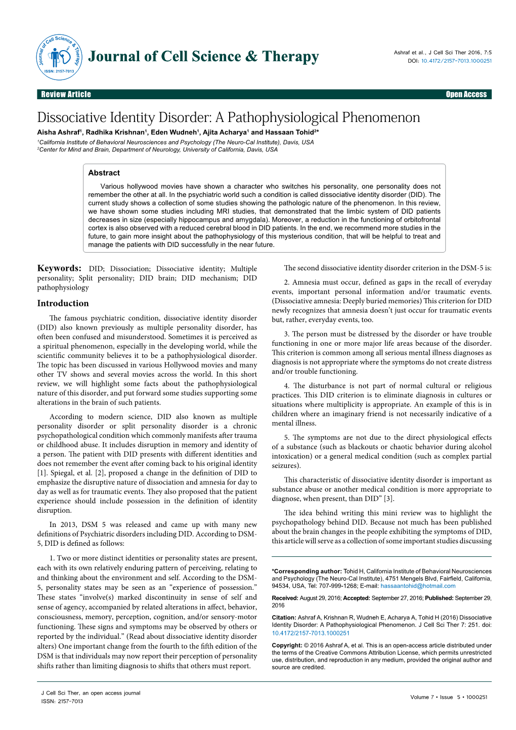 Dissociative Identity Disorder: a Pathophysiological Phenomenon