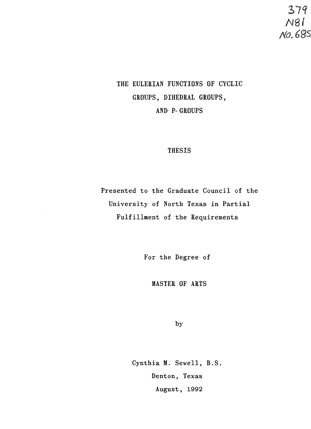 Vo.Lt the EULERIAN FUNCTIONS of CYCLIC