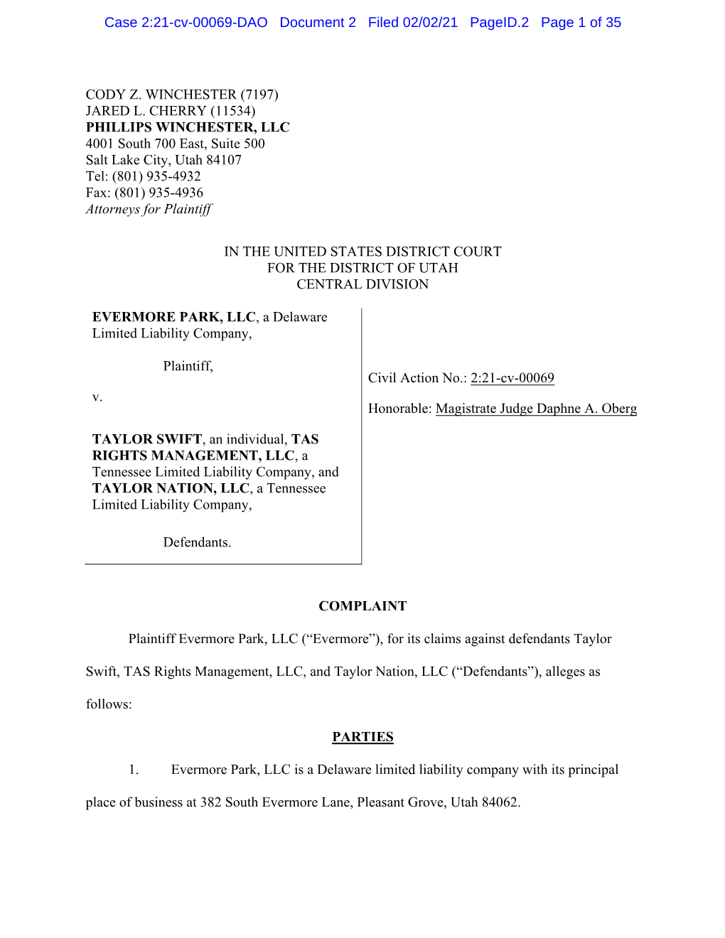 (11534) PHILLIPS WINCHESTER, LLC 4001 South 700 East, Suite 500 Salt Lake City, Utah 84107 Tel: (801) 935-4932 Fax: (801) 935-4936 Attorneys for Plaintiff