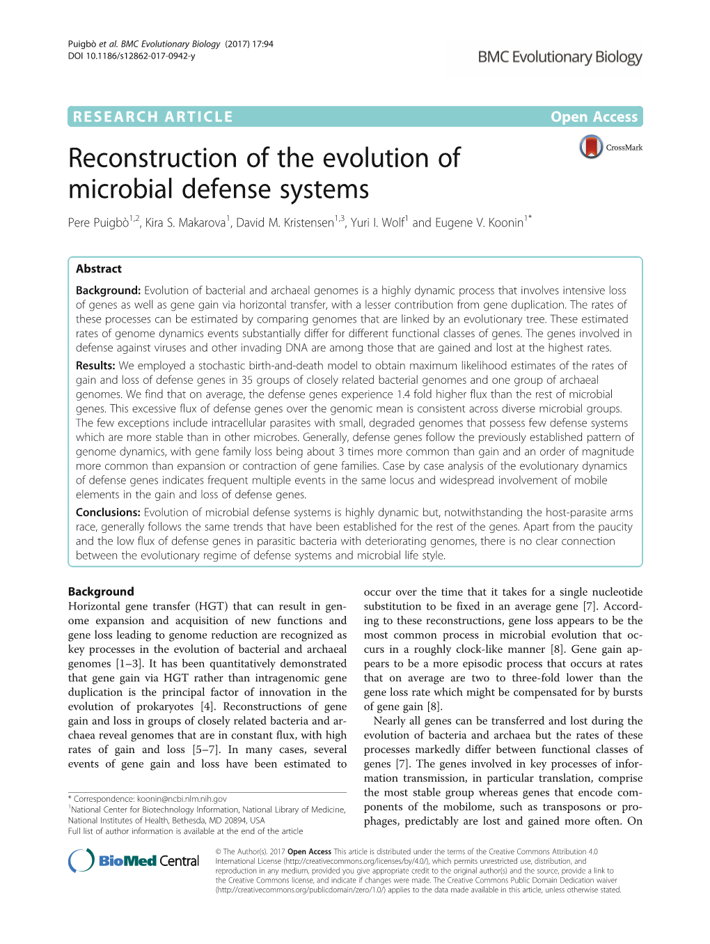 Reconstruction of the Evolution of Microbial Defense Systems Pere Puigbò1,2, Kira S