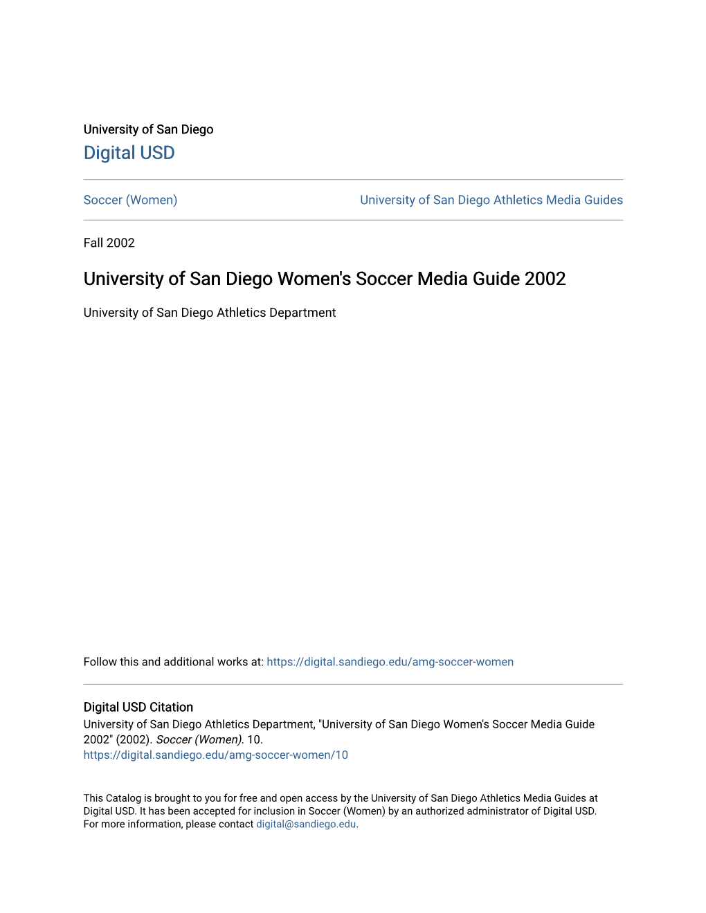 University of San Diego Women's Soccer Media Guide 2002