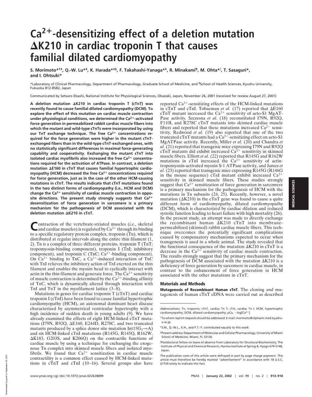 Ca -Desensitizing Effect of a Deletion Mutation K210 in Cardiac Troponin T