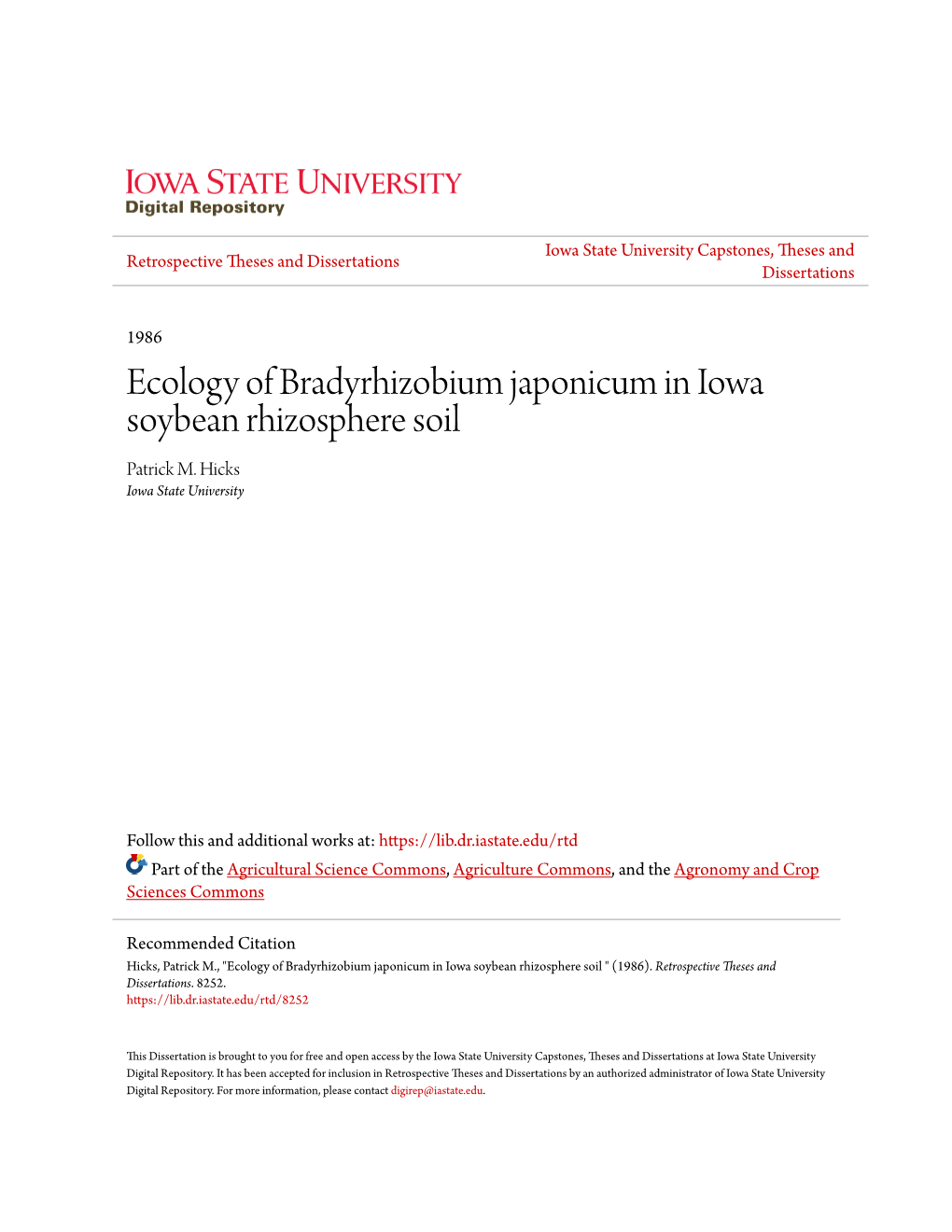 Ecology of Bradyrhizobium Japonicum in Iowa Soybean Rhizosphere Soil Patrick M
