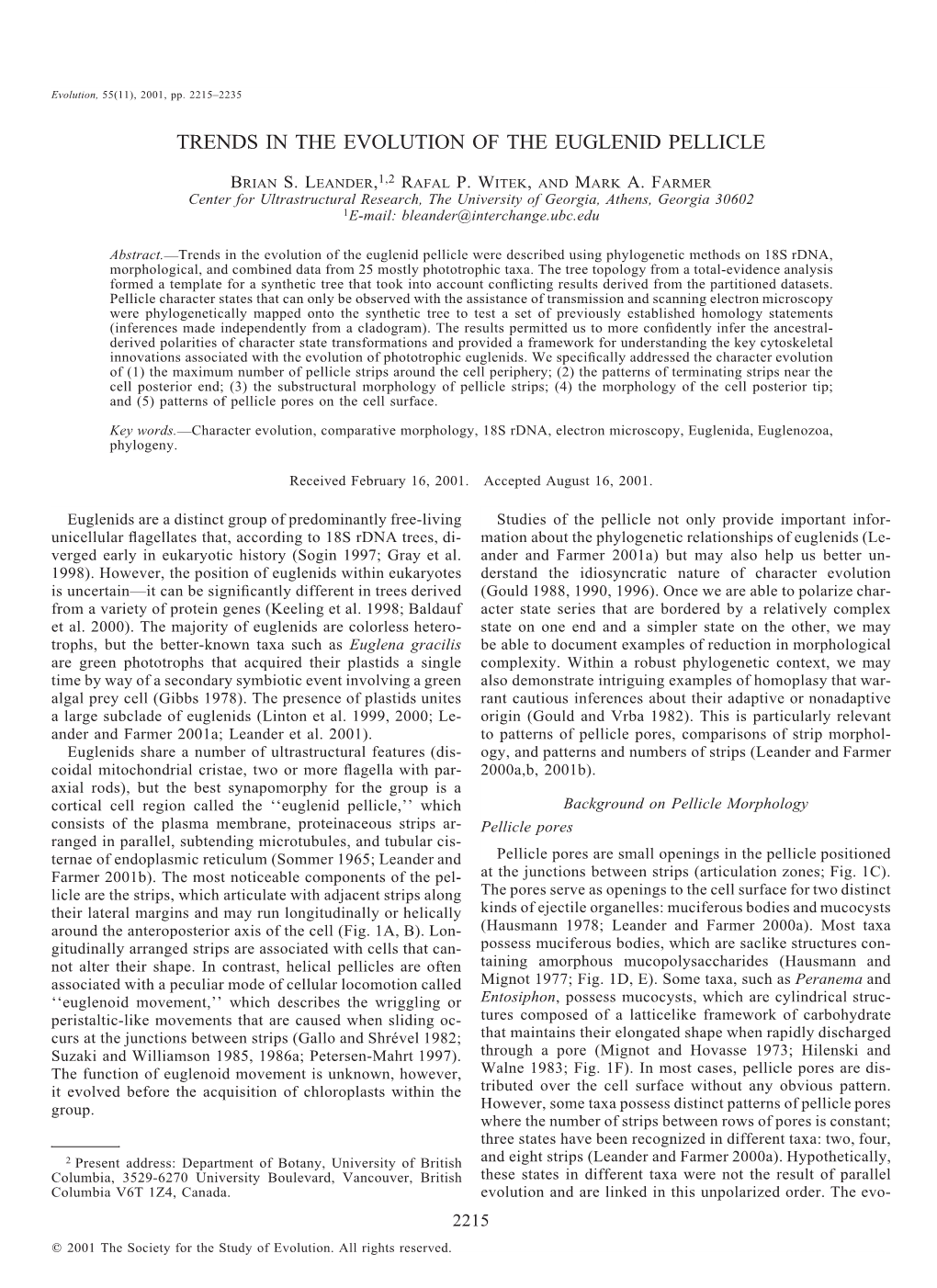 Trends in the Evolution of the Euglenid Pellicle