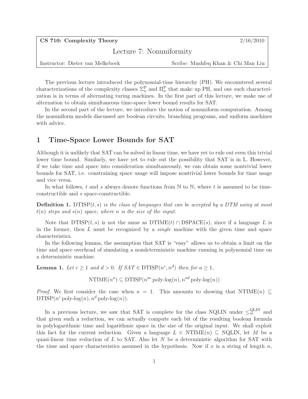 Lecture 7: Nonuniformity 1 Time-Space Lower Bounds For