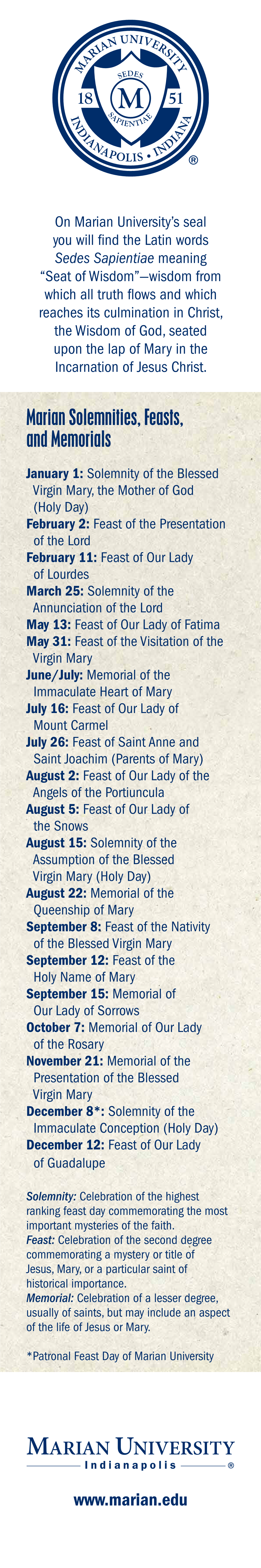 MARIAN UNIVERSITY Marian Solemnities, Feasts, and Memorials