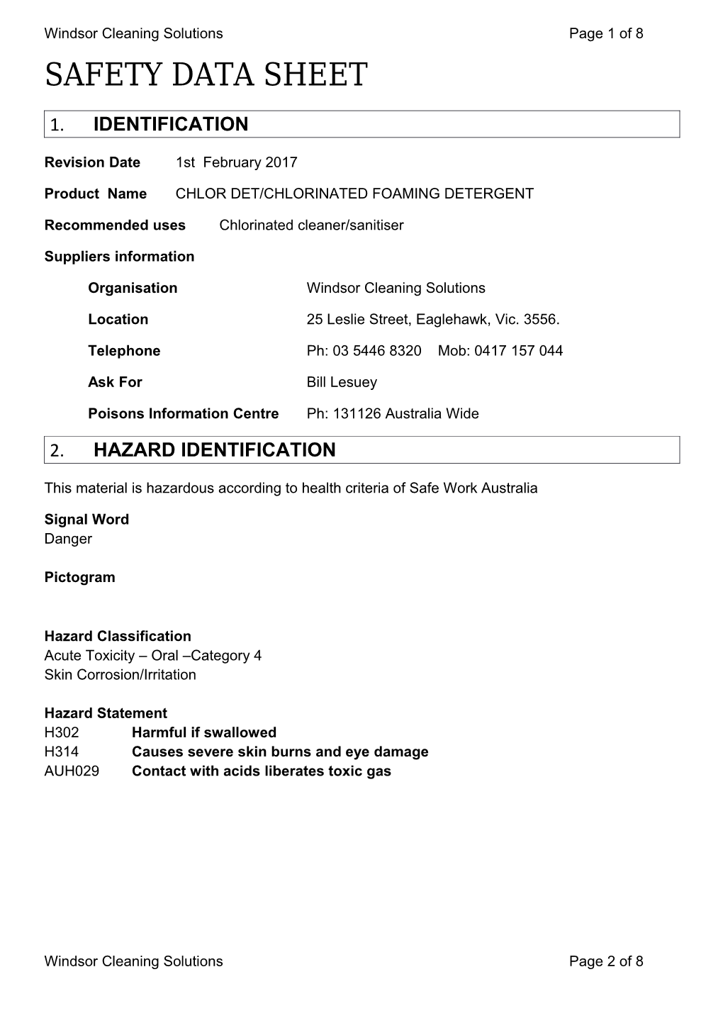 Bendigo Solutions & Packaging Supplies Material Safety Data Sheet SOHYCC