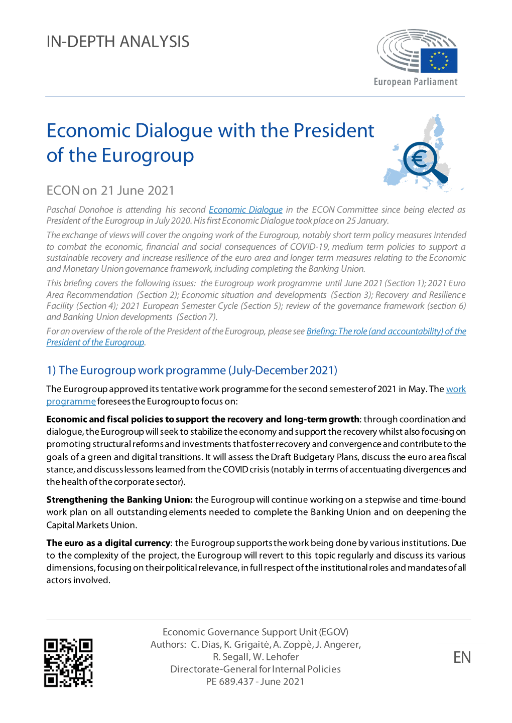 Economic Dialogue with the President of the Eurogroup