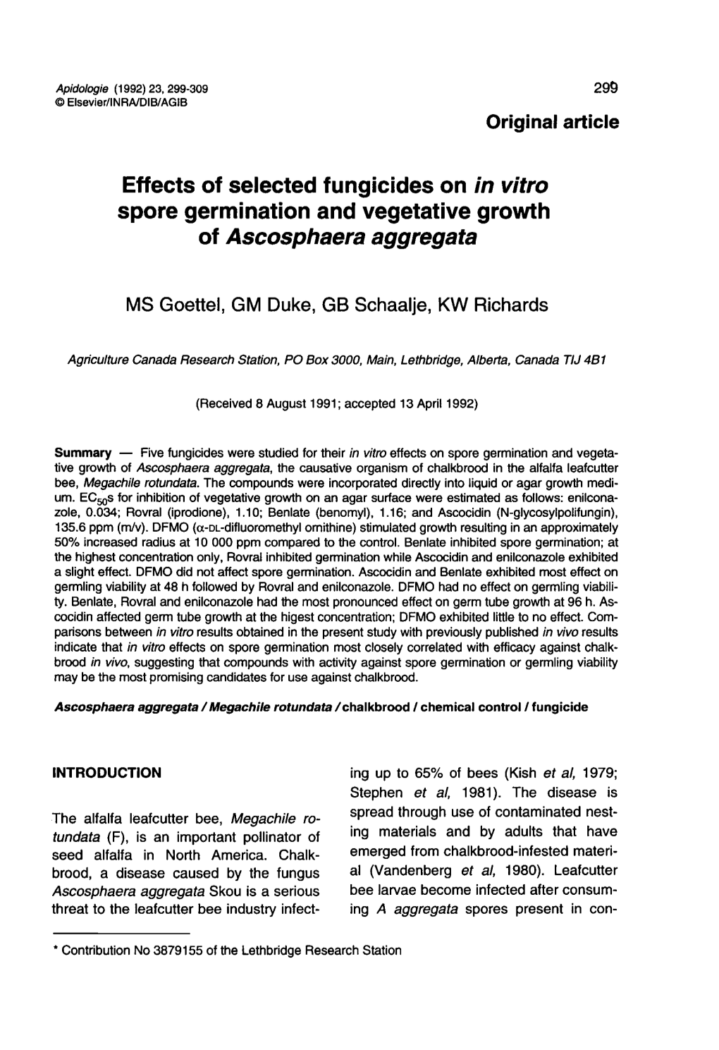 Spore Germination and Vegetative Growth of Ascosphaera Aggregata