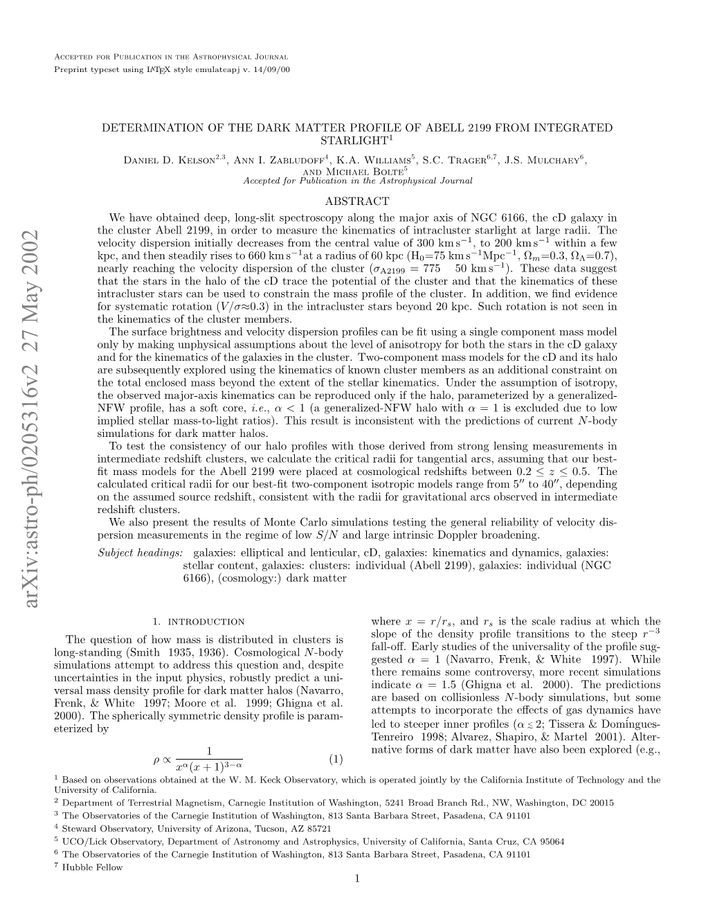 Determination of the Dark Matter Profile of Abell 2199 from Integrated Starlight