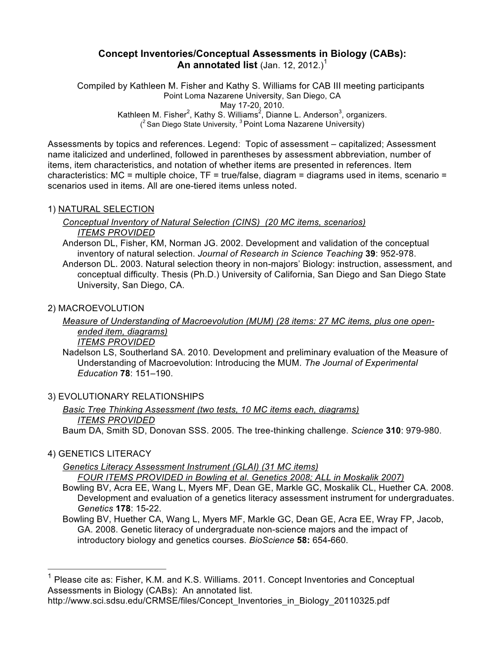 Concept Inventories/Conceptual Assessments in Biology (Cabs): an Annotated List (Jan