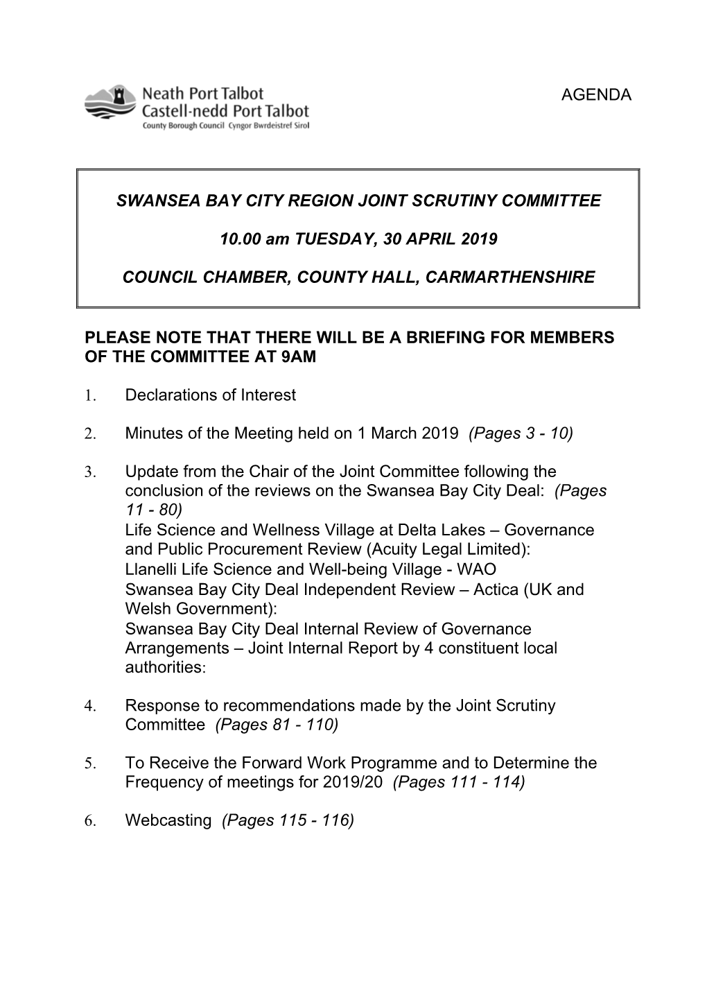 (Public Pack)Agenda Document for Swansea Bay City Region Joint Scrutiny Committee, 30/04/2019 10:00