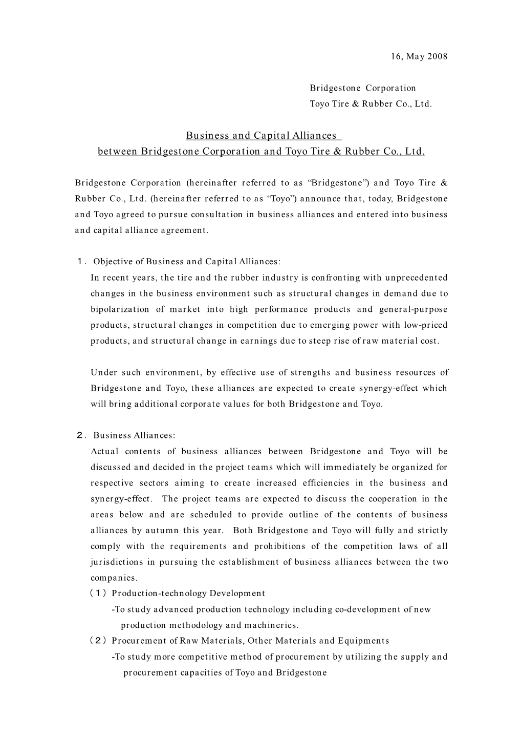 Business and Capital Alliances Between Bridgestone Corporation and Toyo Tire & Rubber Co., Ltd