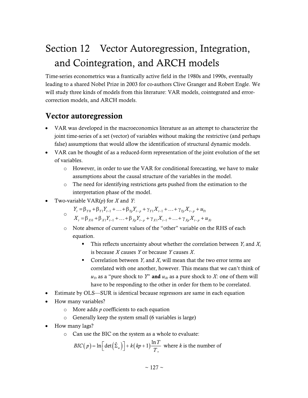 Section 12 Vector Autoregression, Integration, and Cointegration, And