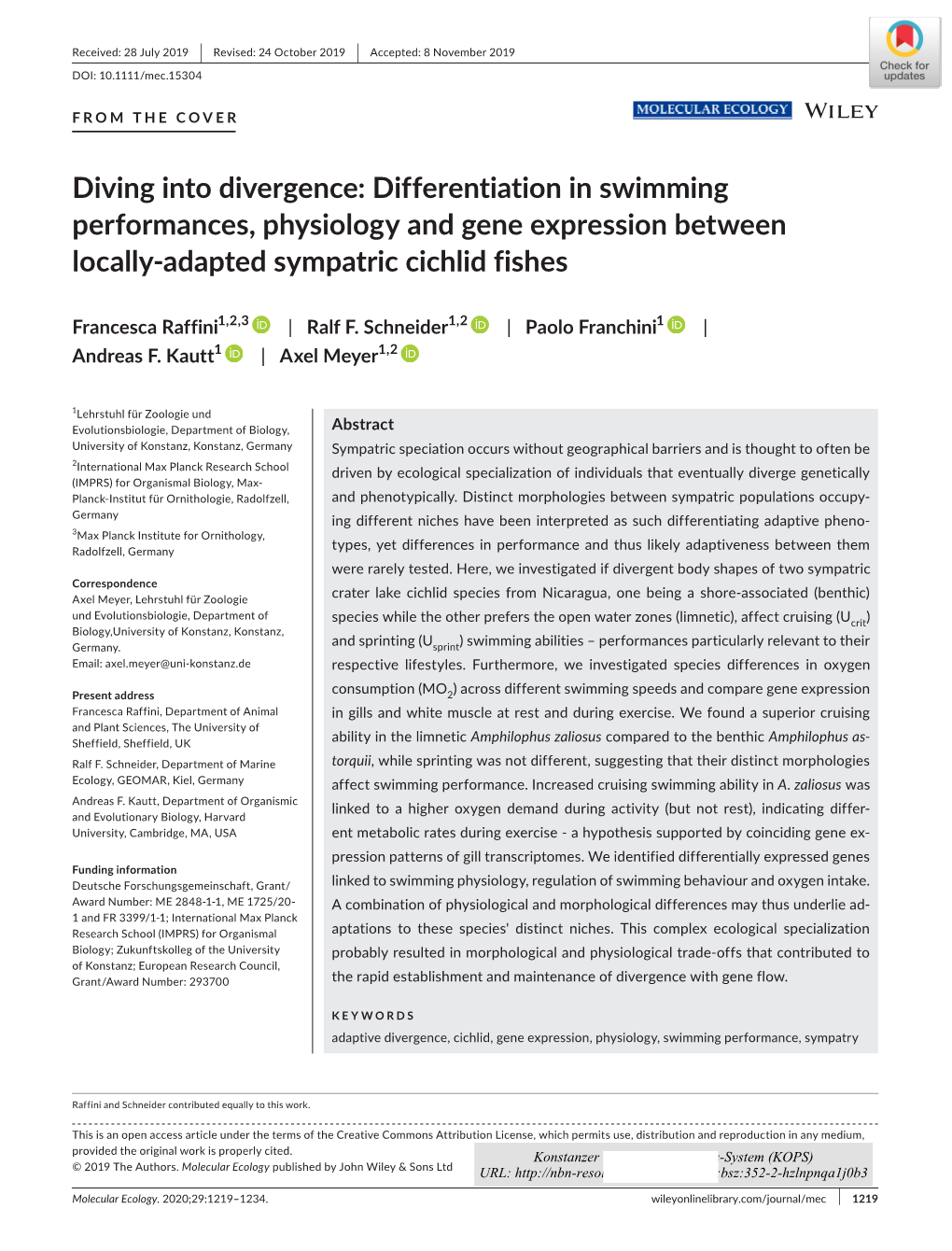 Differentiation in Swimming Performances, Physiology and Gene Expression Between Locally-Adapted Sympatric Cichlid Fishes
