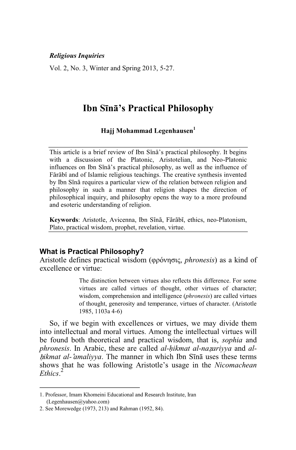 Ibn Sīnā's Practical Philosophy