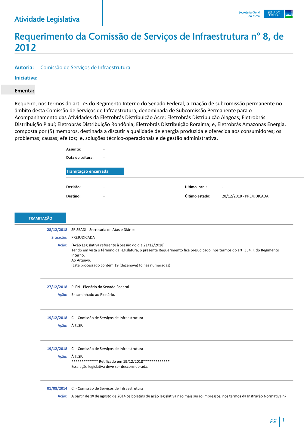 Requerimento Da Comissão De Serviços De Infraestrutura N° 8, De 2012