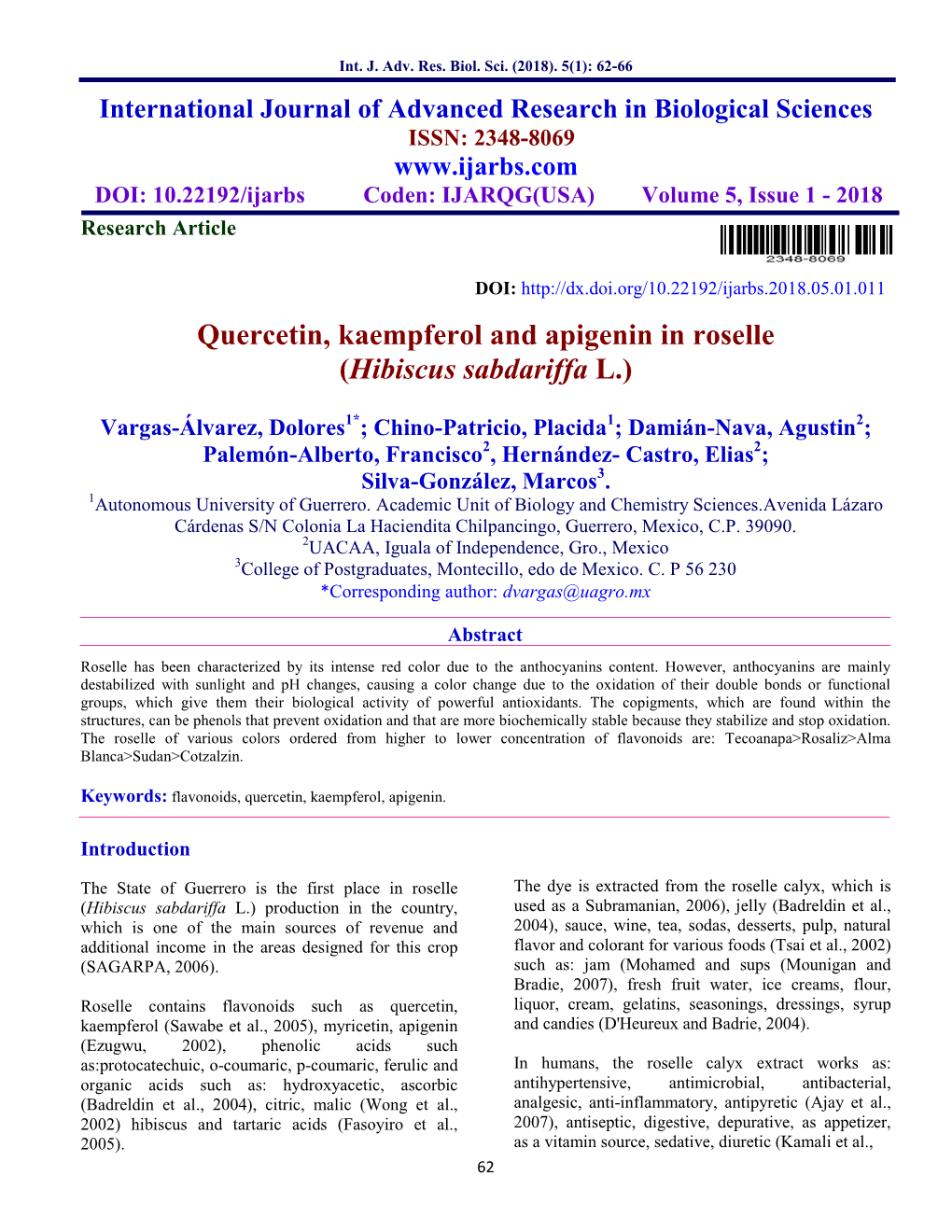 Quercetin, Kaempferol and Apigenin in Roselle (Hibiscus Sabdariffa L.)