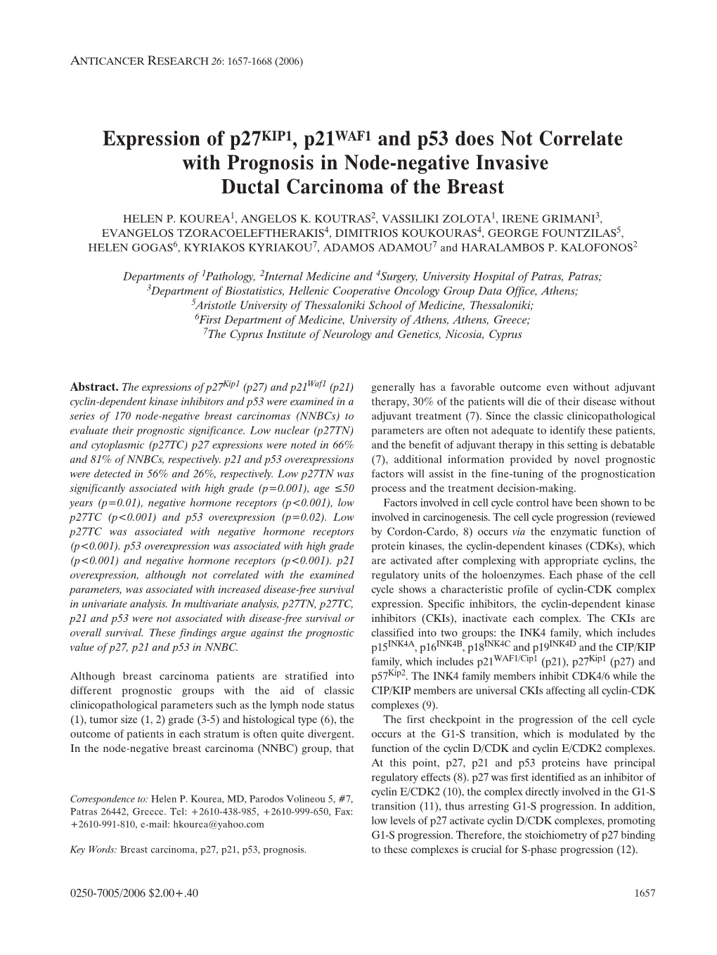 Expression of P27kip1, P21waf1 and P53 Does Not Correlate with Prognosis in Node-Negative Invasive Ductal Carcinoma of the Breast