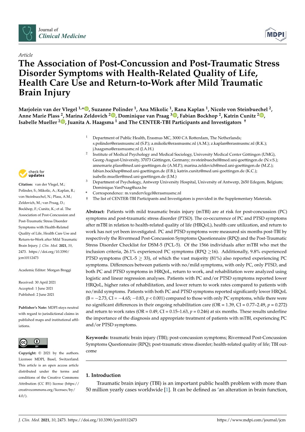 The Association of Post-Concussion and Post-Traumatic Stress Disorder Symptoms with Health-Related Quality of Life, Health Care