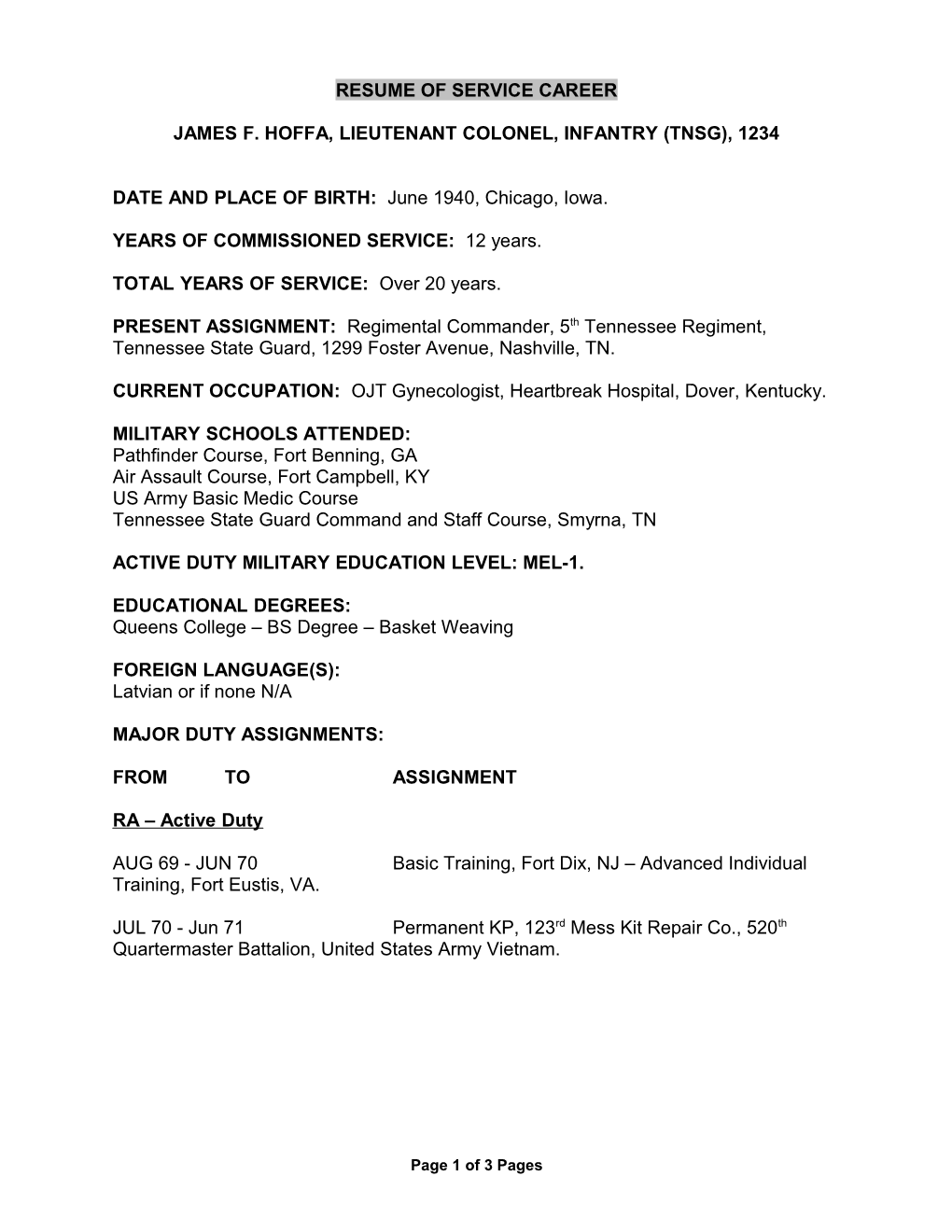 Resume of Service Career