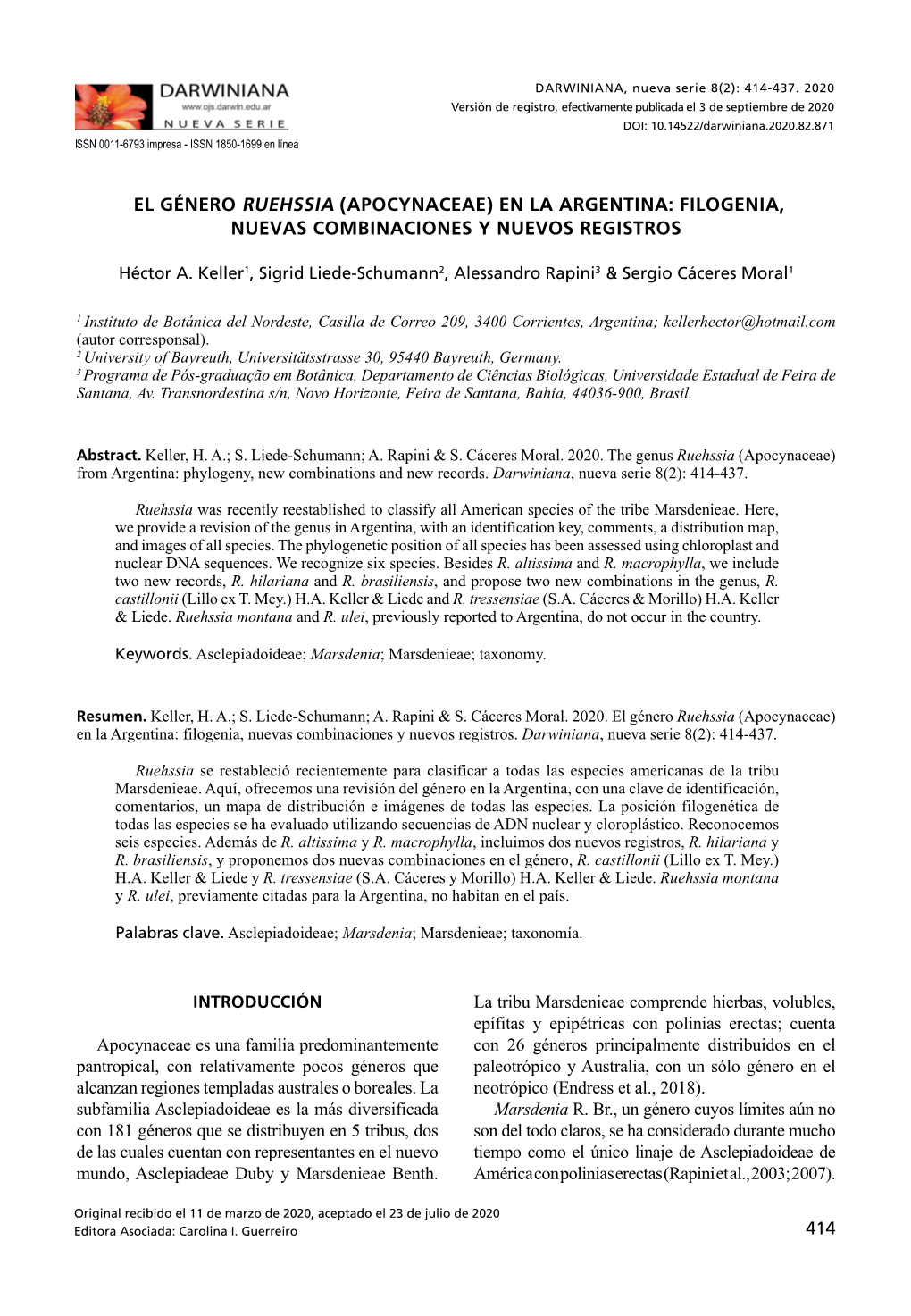 El Género Ruehssia (Apocynaceae) En La Argentina: Filogenia, Nuevas Combinaciones Y Nuevos Registros