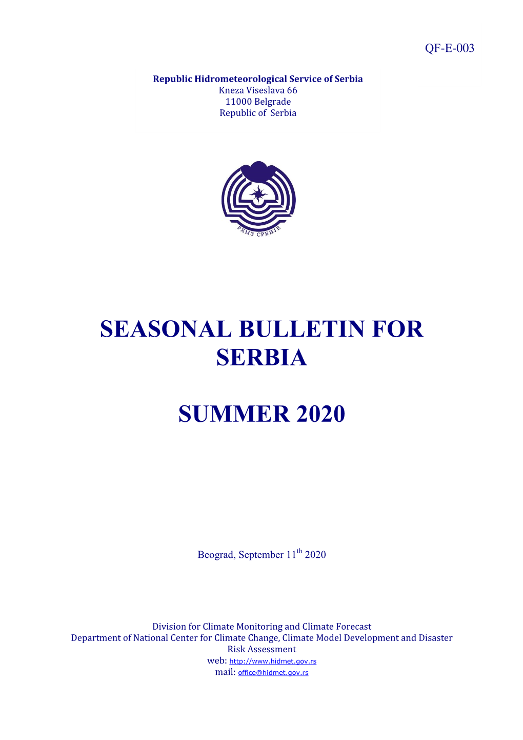 Seasonal Bulletin for Serbia Summer 2020